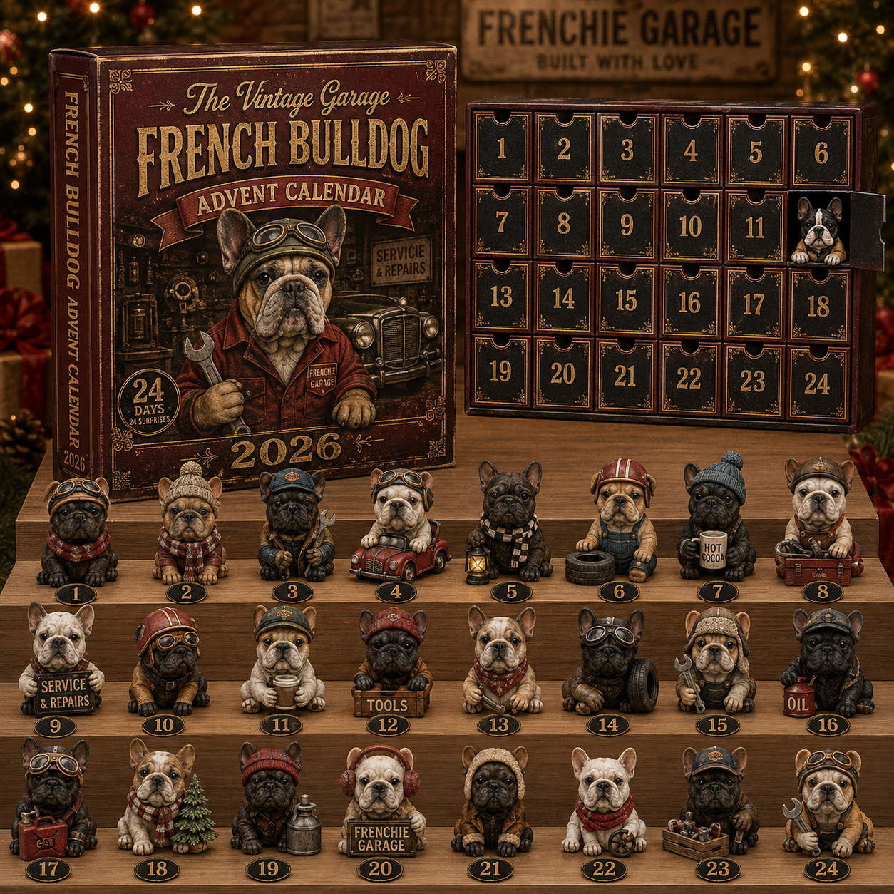 CHRISMAST KICKOFF 48% OFF - Classic Motor Club French Bulldog Advent Calendar 2026 – 24 Vintage Garage Collectibles, Acrylic Charms Blind Box - Gift For Dog Lovers