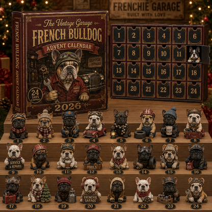 CHRISMAST KICKOFF 48% OFF - Classic Motor Club French Bulldog Advent Calendar 2026 – 24 Vintage Garage Collectibles, Acrylic Charms Blind Box - Gift For Dog Lovers
