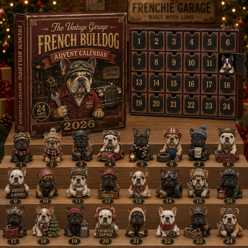 CHRISMAST KICKOFF 48% OFF - Classic Motor Club French Bulldog Advent Calendar 2026 – 24 Vintage Garage Collectibles, Acrylic Charms Blind Box - Gift For Dog Lovers