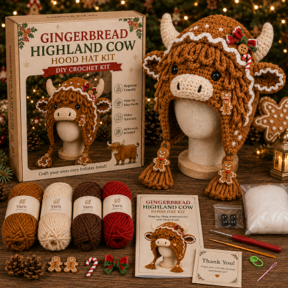 🔥Last Day🔥BUY 3 GET 1 FREE - Christmas Highland Cow Hood Hat DIY Crochet Kit™