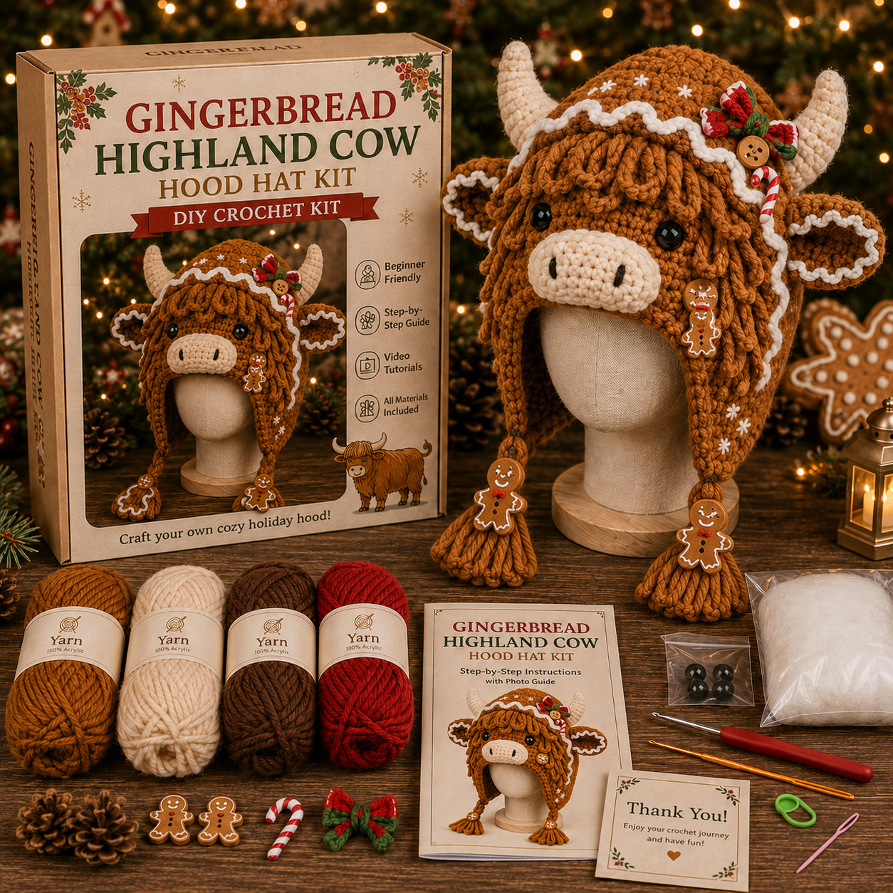 🔥Last Day🔥BUY 3 GET 1 FREE - Christmas Highland Cow Hood Hat DIY Crochet Kit™