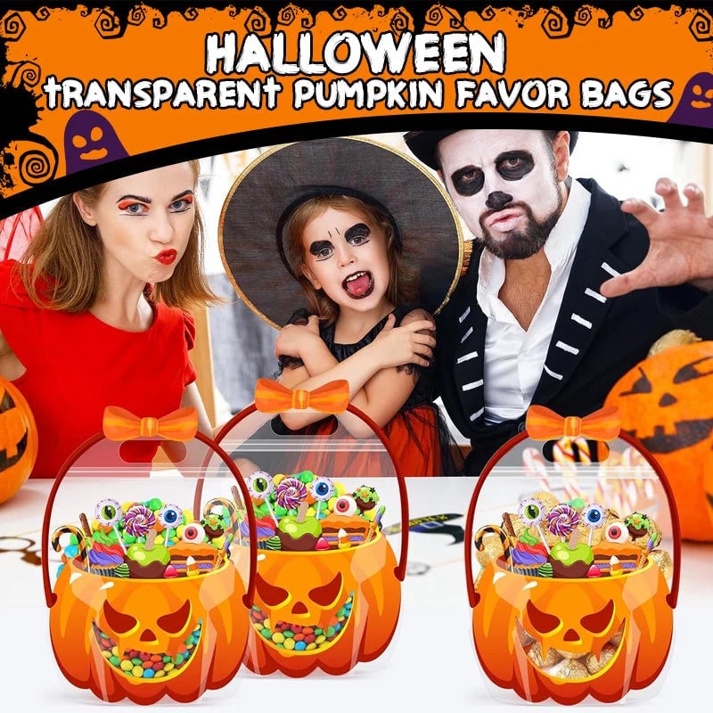 🎃Halloween Plastic Goodie Bags, Trick or Treat Candy Bags, Pumpkin Pattern Treat Bags, Halloween Party Favor Snack Storage Bags for Classroom, Birthday, Students, Teachers, Neighbors