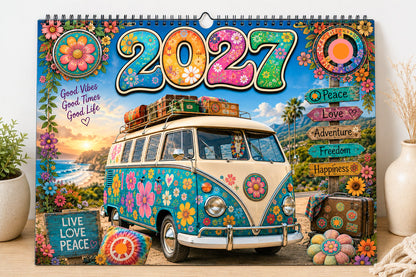 🌼 2027 Hippie Boho Wall Calendar – Retro Road Trip Calendar
