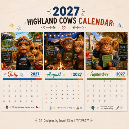 2027 Funny Highland Cow Wall Calendar | A4 Hanging Calendar