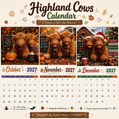 2027 Funny Highland Cow Wall Calendar | A4 Hanging Calendar