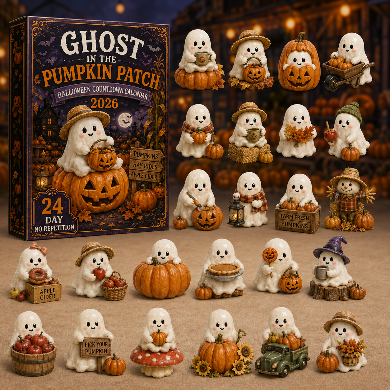 Ghost in the Pumpkin Patch Advent Calendar 2027 – 24 Unique Halloween Ghost Miniatures,