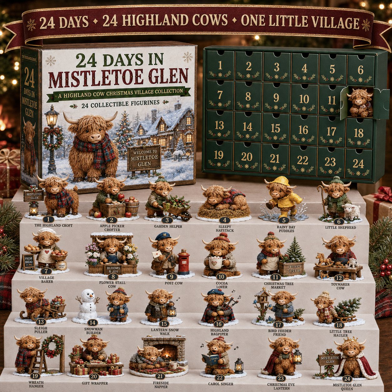 24 Days of Highland Cow Advent Calendar 2026 with 24 highland cow figurines