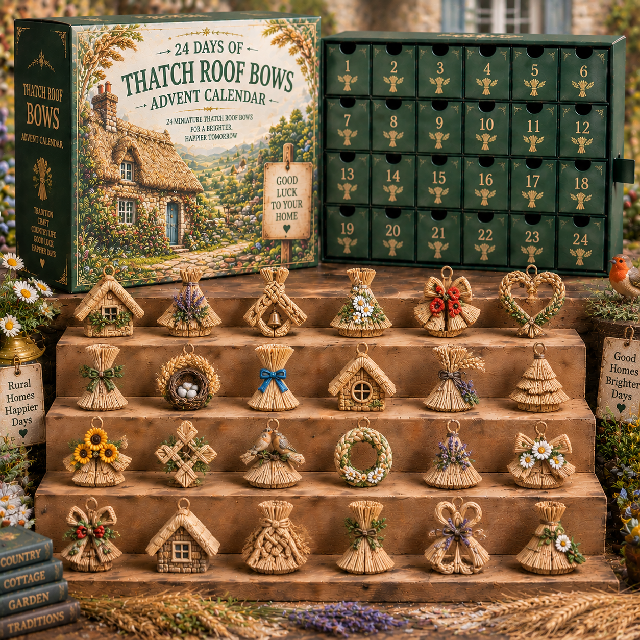 CHRISTMAS KICKOFF 49% OFF - 2026 Days of Thatch Roof Bows Blind Box - 24‑Day Festive Countdown, Thatch Roof Bows Themed Collectible Miniatures Blind Box - Gift For Cottage & Countryside Decor Lovers