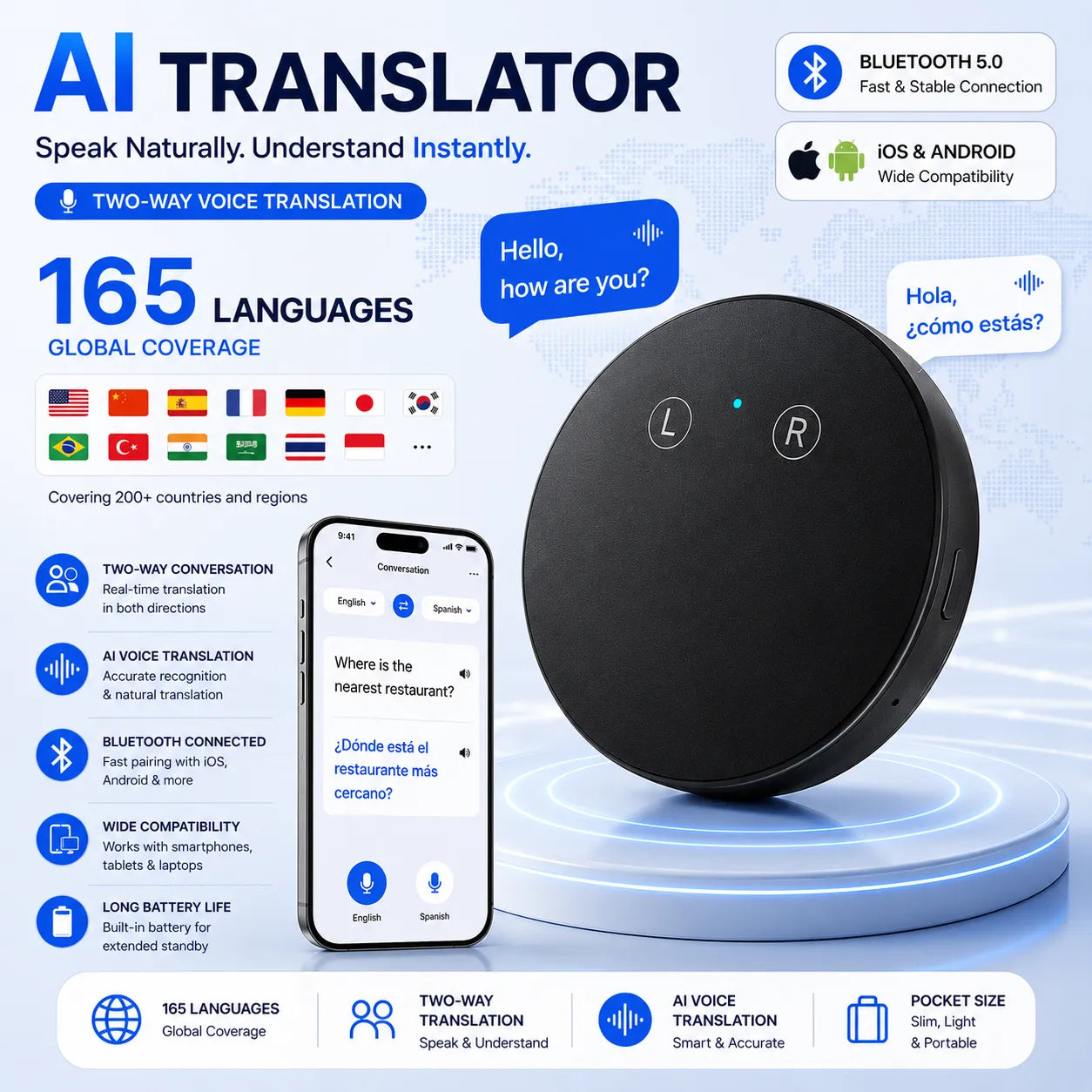 AI Pocket Translator – Real-Time Two-Way Voice Translation in 165+ Languages
