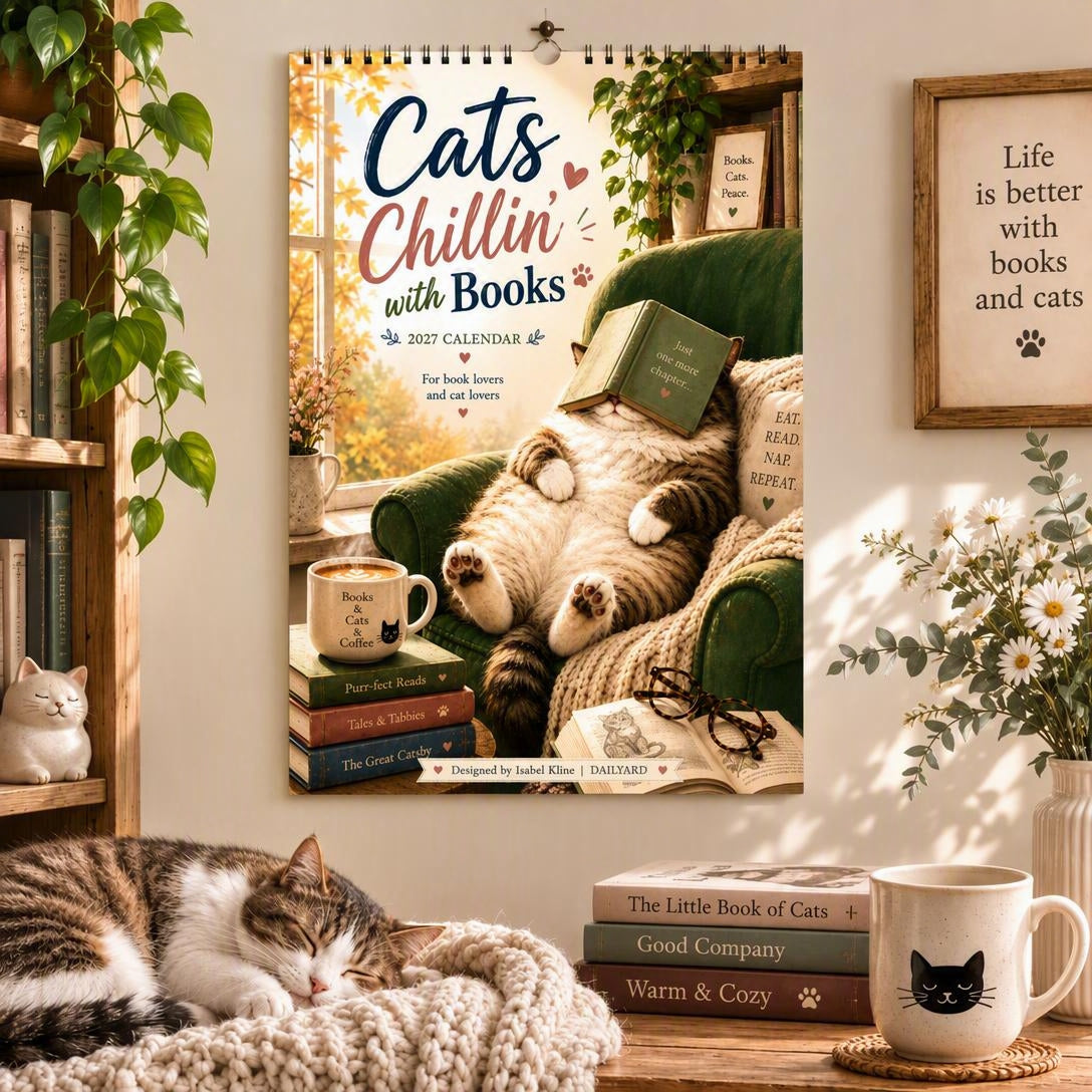 Cats Chillin' with Books™ 2027 Wall Calendar | A4 Cozy Cat & Book Lover Calendar | Designed by Isabel Kline | DAILYARD™