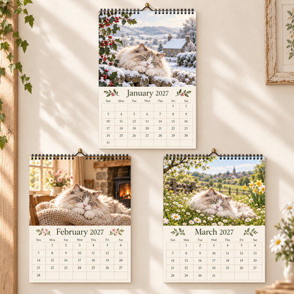 Cottage Cat 2027 Wall Calendar – 12‑Month Cosy Art Calendar with Sleepy Fluffy Cats, Country Gardens & Idyllic Cottage Charm