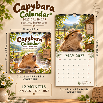 Capybara 2027 Wall Calendar – 12‑Month Cosy Art Calendar with Relaxed Capybaras, Seasonal Nature, Cottage‑Core & Slow‑Living Vibes