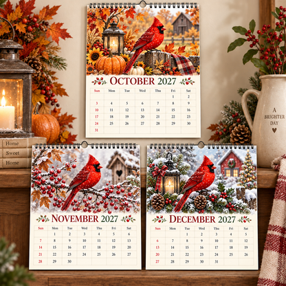 Cardinal 2027 Wall Calendar – 12‑Month Seasonal Art Calendar with Red Cardinals, Countryside Florals & Rustic Farmhouse Charm