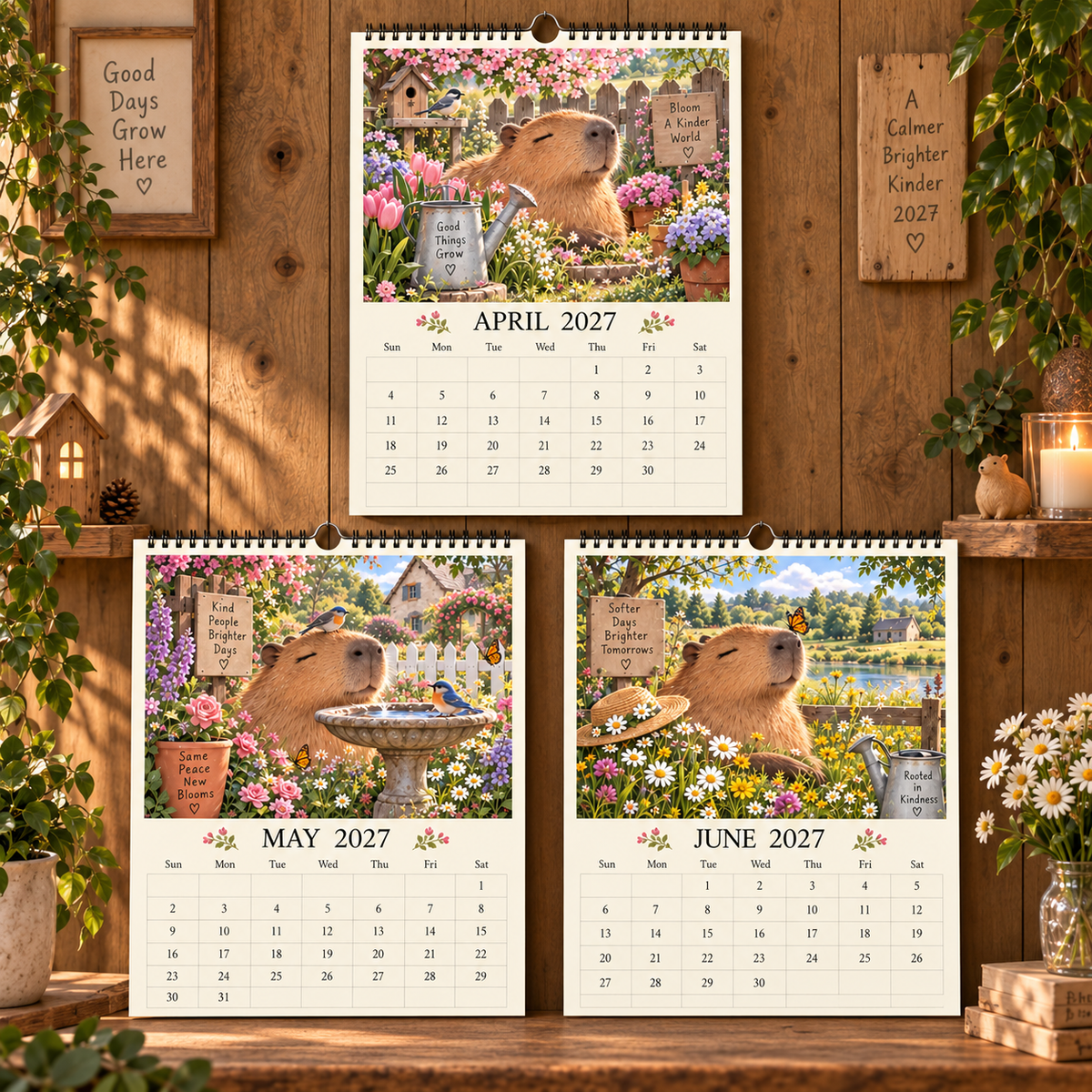 Capybara 2027 Wall Calendar – 12‑Month Cosy Art Calendar with Relaxed Capybaras, Seasonal Nature, Cottage‑Core & Slow‑Living Vibes