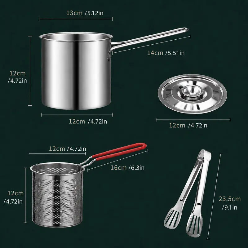 3Pcs Stainless Steel Deep Fryer Set,Rust-Resistant Portable Cookware for Home Kitchen Chips, Chicken Wings🍳🍟
