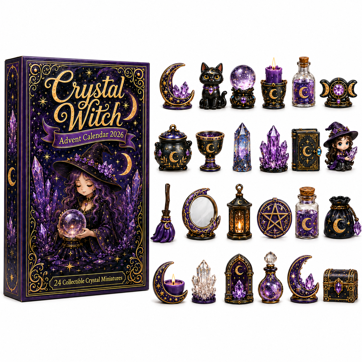 Crystal Witch Advent Calendar 2027 – 24 Days of Magical Crystal Miniatures, Mystical Witchy Collectibles & Enchanting Gifts for Fantasy Lovers, Acrylic Charms Blind Box