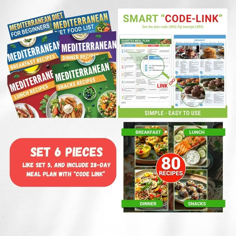 🎁Last Day 50% OFF🥗Feel More Confident About Everyday Meals - 6-Piece Mediterranean Meal Planning Set With A 28-Day Guide And 80 Recipes🍋