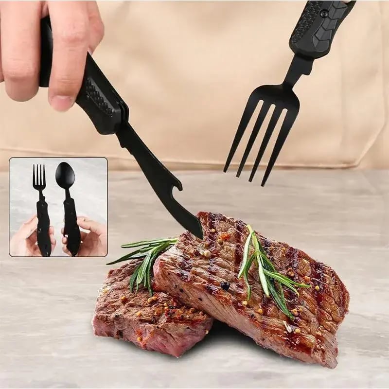 Foldable Stainless Steel Camping Utensil Multitool Set, Quick-Detach Portable Cutlery for Outdoor Backpacking & Travel