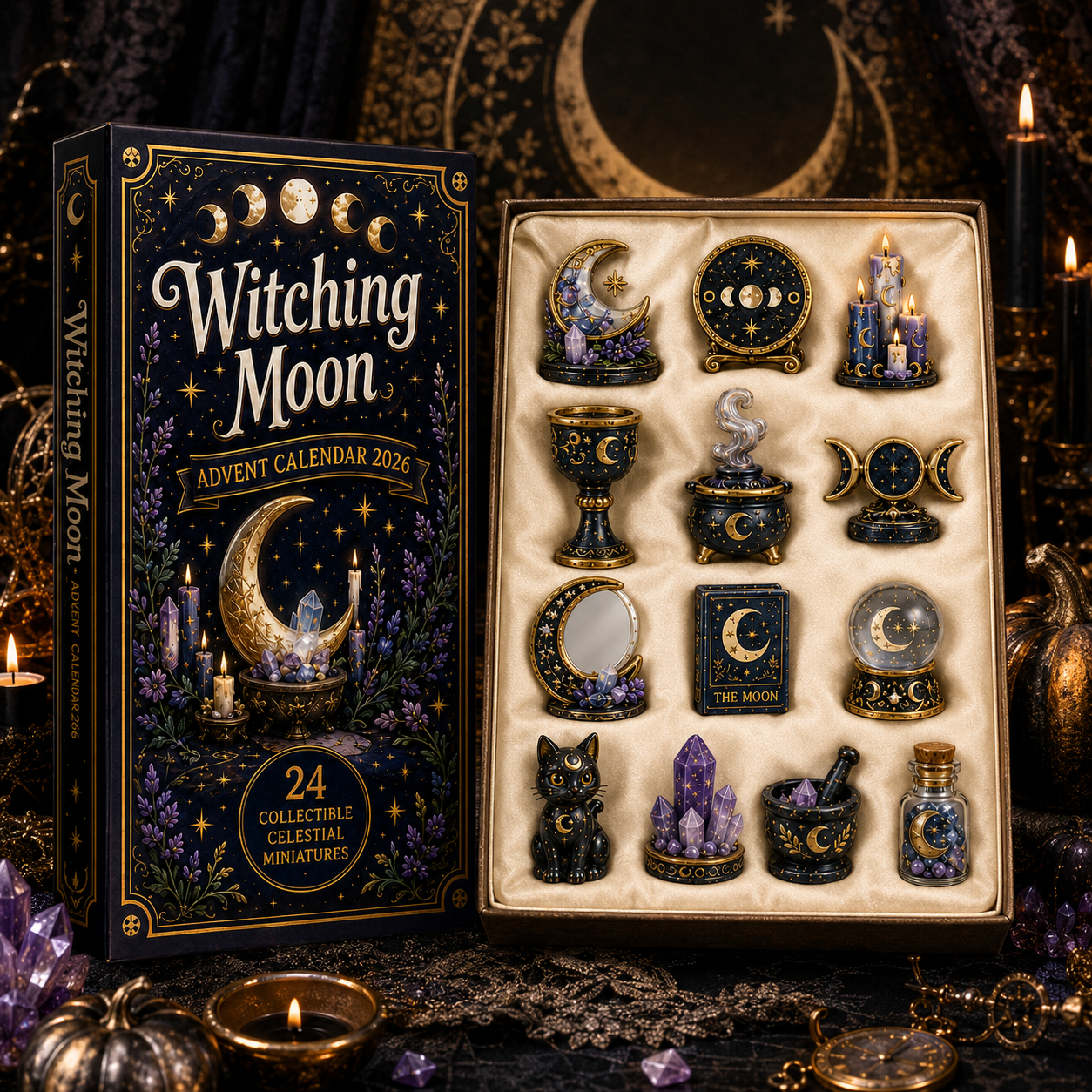 Witching Moon Advent Calendar 2027 – 24 Days of Celestial Miniatures, Mystical Moon Collectibles & Magical Gifts for Witchy Decor Lovers, Acrylic Charms Blind Box