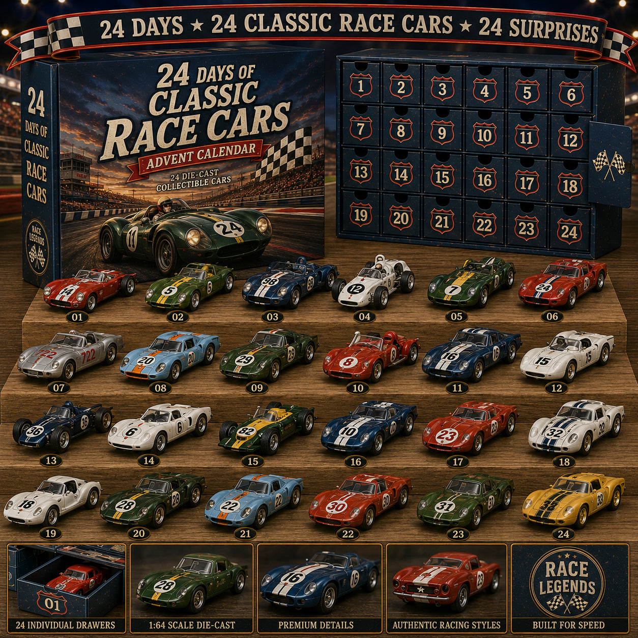 24 Days of American Car Legends Advent Calendar – 24 Die-Cast Collectibles
