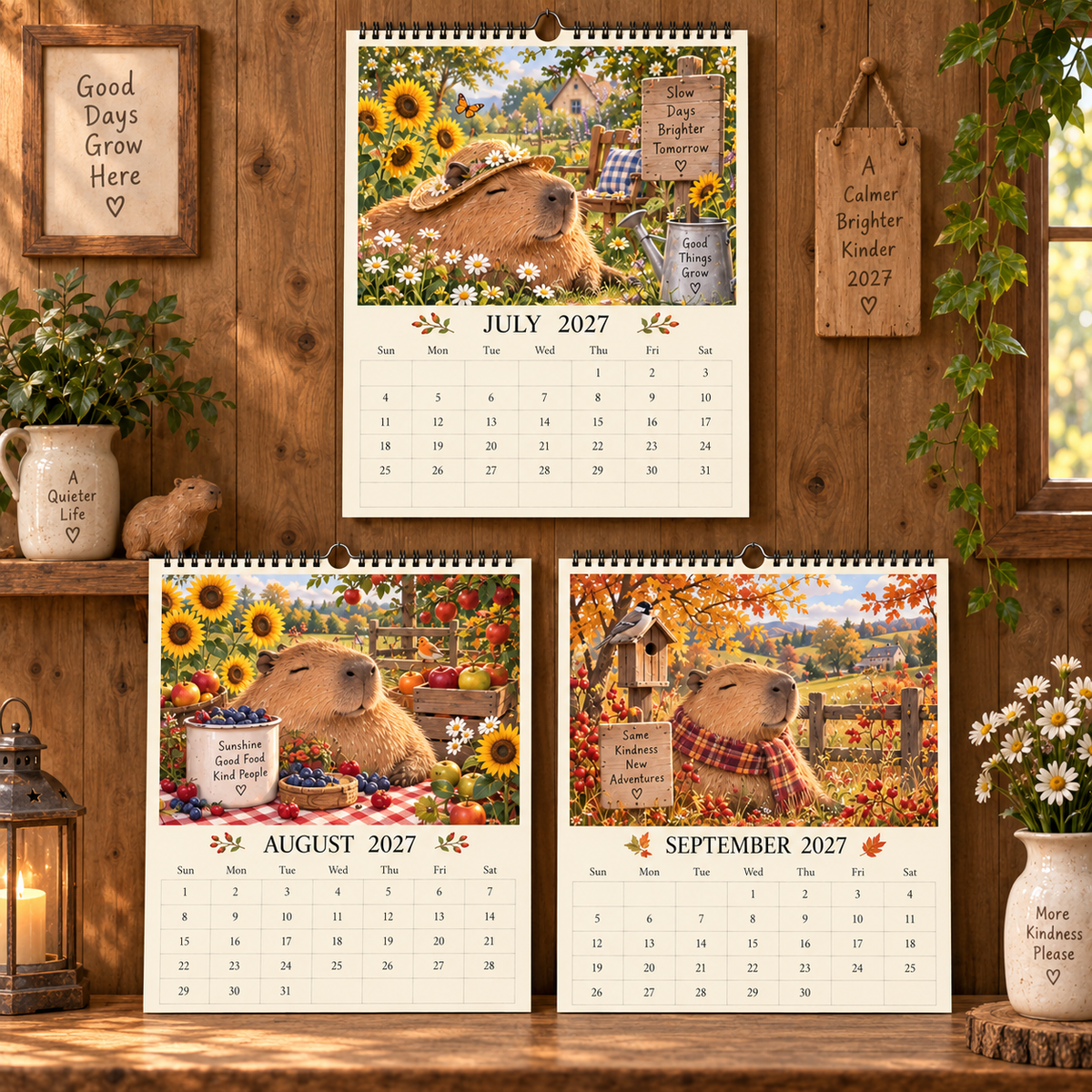 Capybara 2027 Wall Calendar – 12‑Month Cosy Art Calendar with Relaxed Capybaras, Seasonal Nature, Cottage‑Core & Slow‑Living Vibes