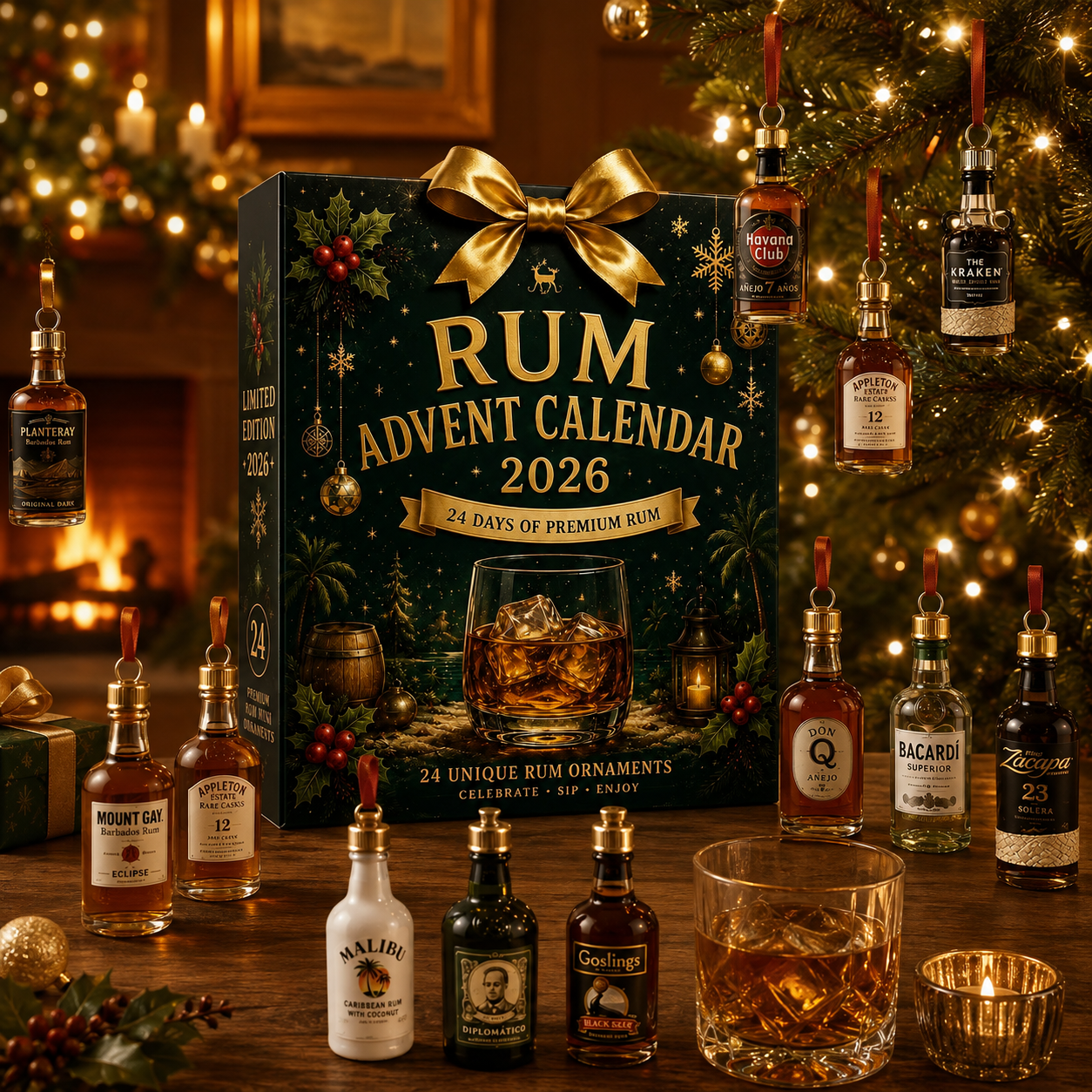 2026 Rum Christmas Advent Calendar – 24 Days of Premium-Inspired Rum Bottle Ornaments, Acrylic Blind Box – Gift for Rum Lovers
