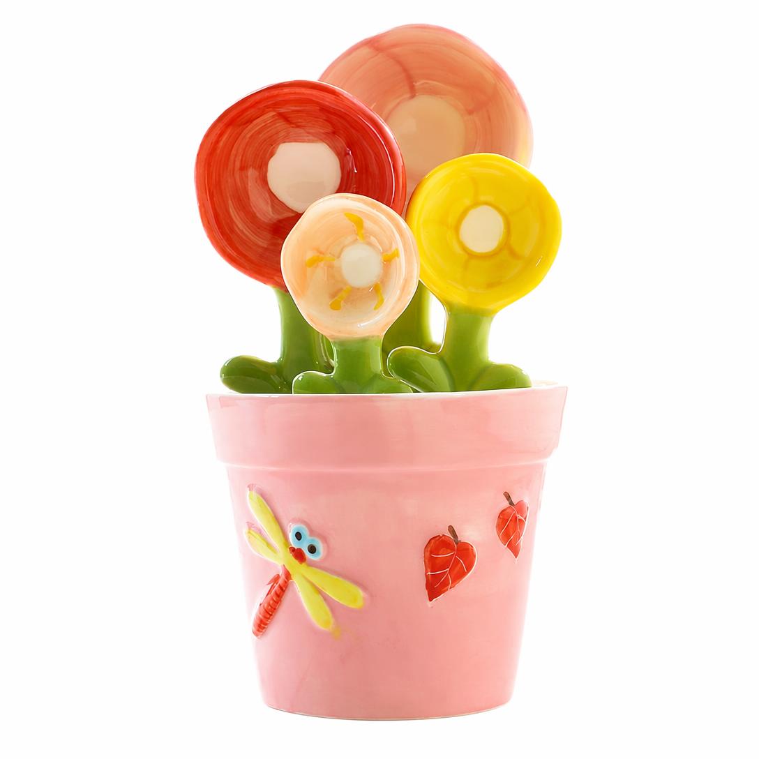 Cute Flower Ceramic Measuring Spoon Set With Storage Pot