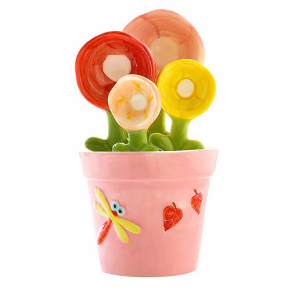 Cute Flower Ceramic Measuring Spoon Set With Storage Pot