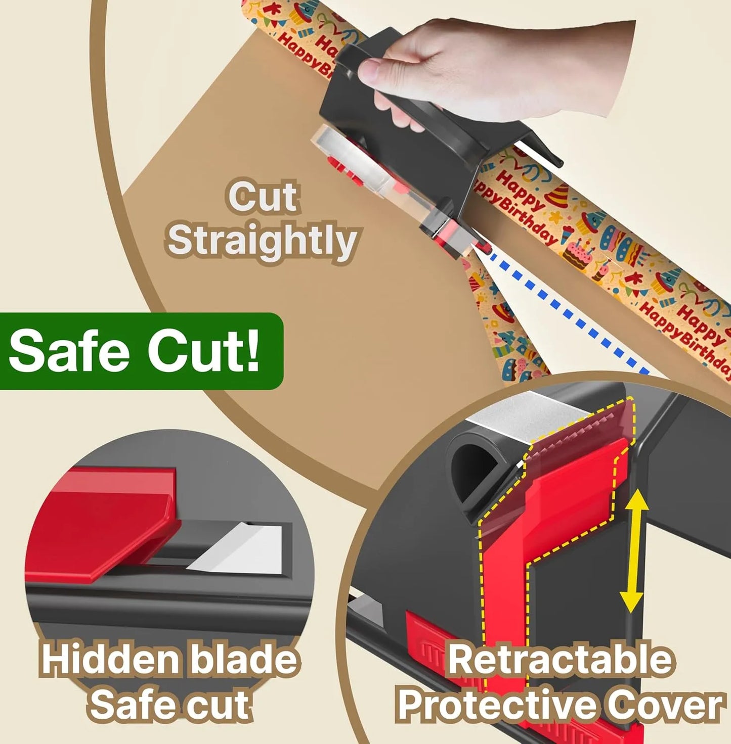 Dual Use Gift Wrap Cutter Tape Dispenser Kit, Portable Sliding Wrapping Paper Slicer, Replacement Blades Included, Household Office Gift Packaging Cutting Tool