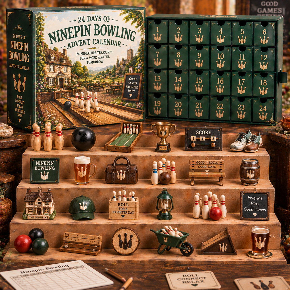 CHRISTMAS KICKOFF 49% OFF - 2026 Days of Ninepin Bowling Blind Box - 24‑Day Festive Countdown, Ninepin Bowling Themed Collectible Miniatures Blind Box - Gift For Traditional Pub Game Lovers