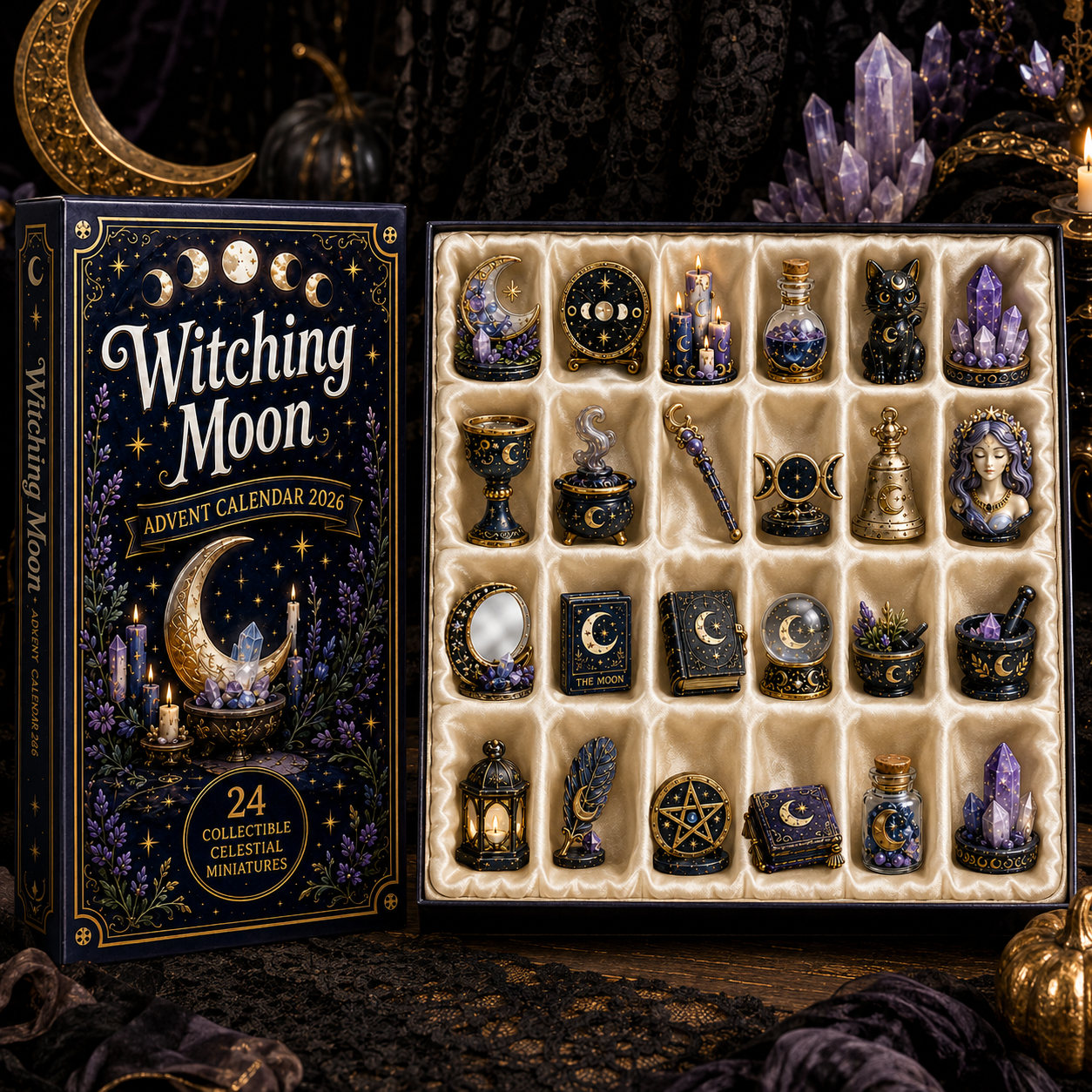 Witching Moon Advent Calendar 2027 – 24 Days of Celestial Miniatures, Mystical Moon Collectibles & Magical Gifts for Witchy Decor Lovers, Acrylic Charms Blind Box