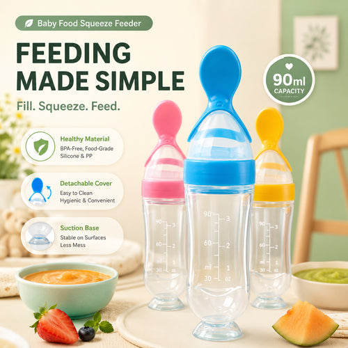 🌸👶 90ml Baby Food Squeeze Feeder – One-Hand Feeding Spoon with Suction Base