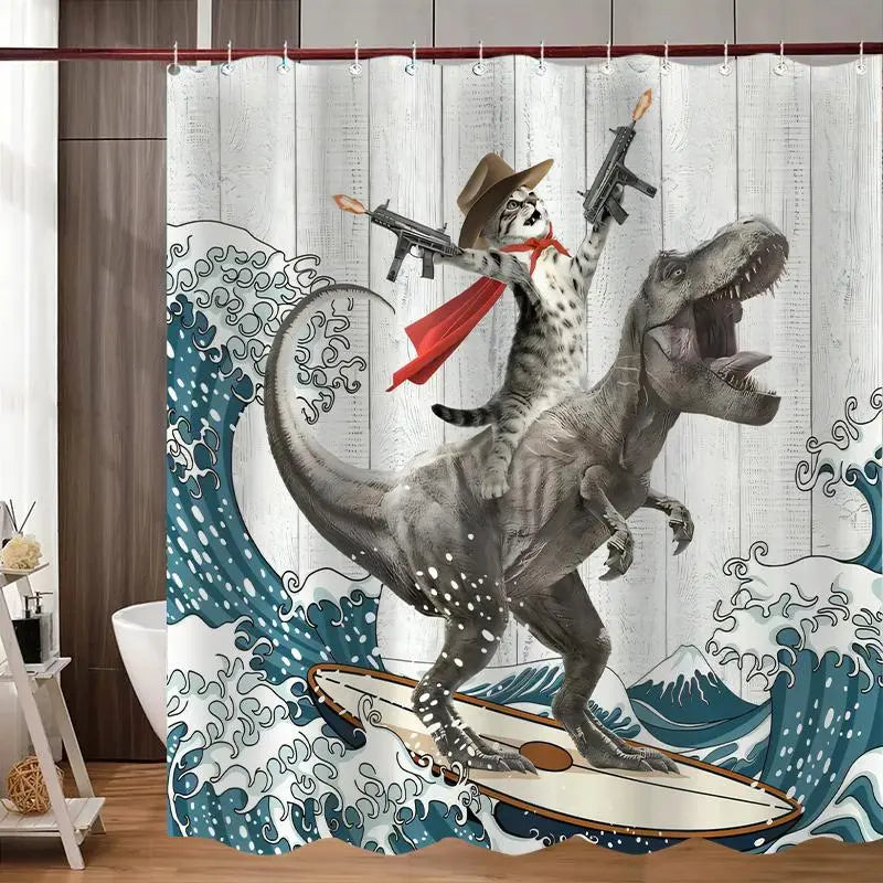 Cute Dinosaur & Cat Pattern Waterproof Shower Curtain with 12 Hooks – Decorative Bathroom Curtain