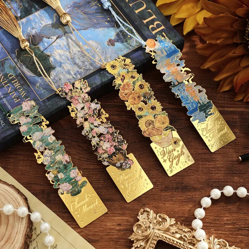 📚✨ Gold Metal Bookmark with Tassel – Van Gogh & Monet Inspired Gift for Book Lovers 🎨