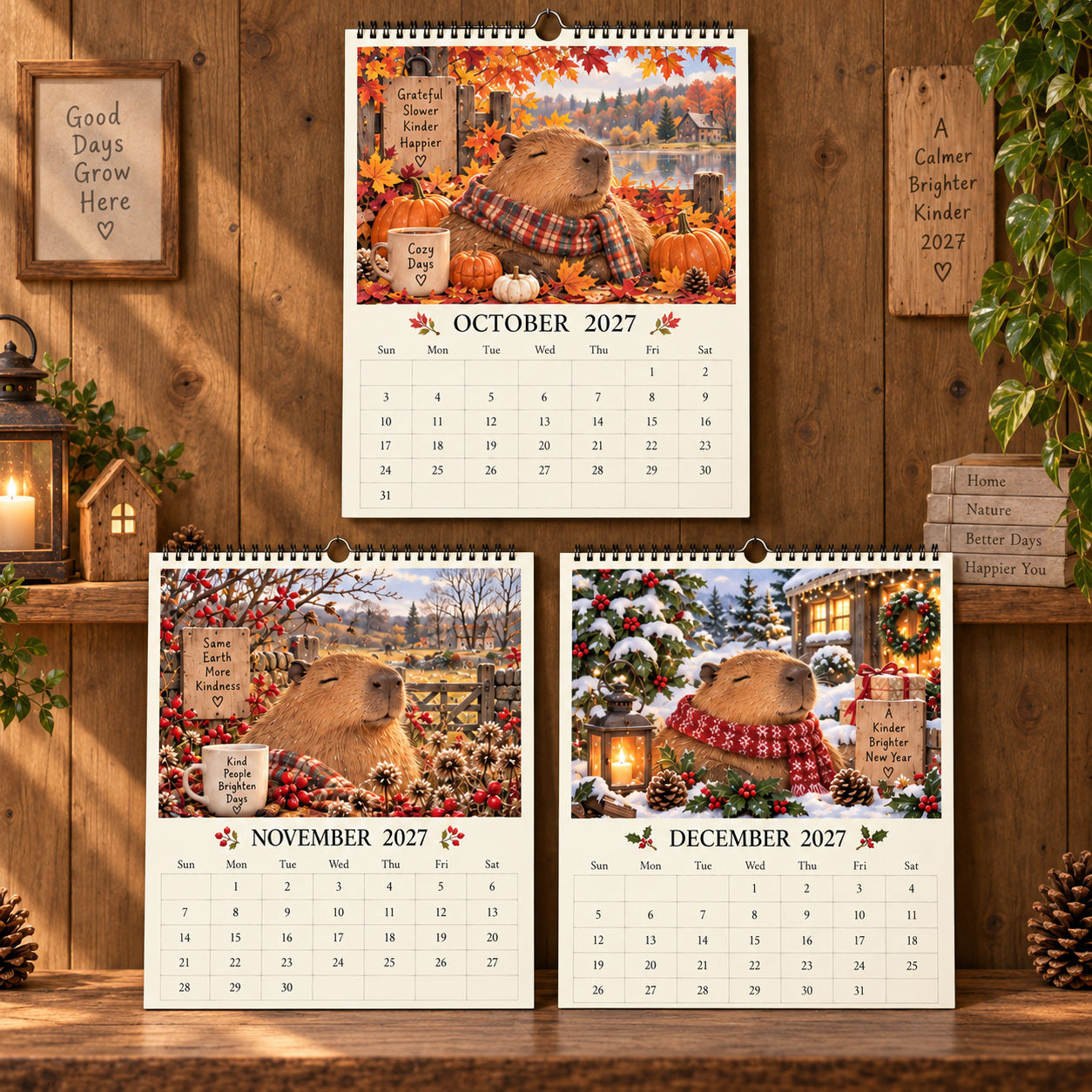 Capybara 2027 Wall Calendar – 12‑Month Cosy Art Calendar with Relaxed Capybaras, Seasonal Nature, Cottage‑Core & Slow‑Living Vibes