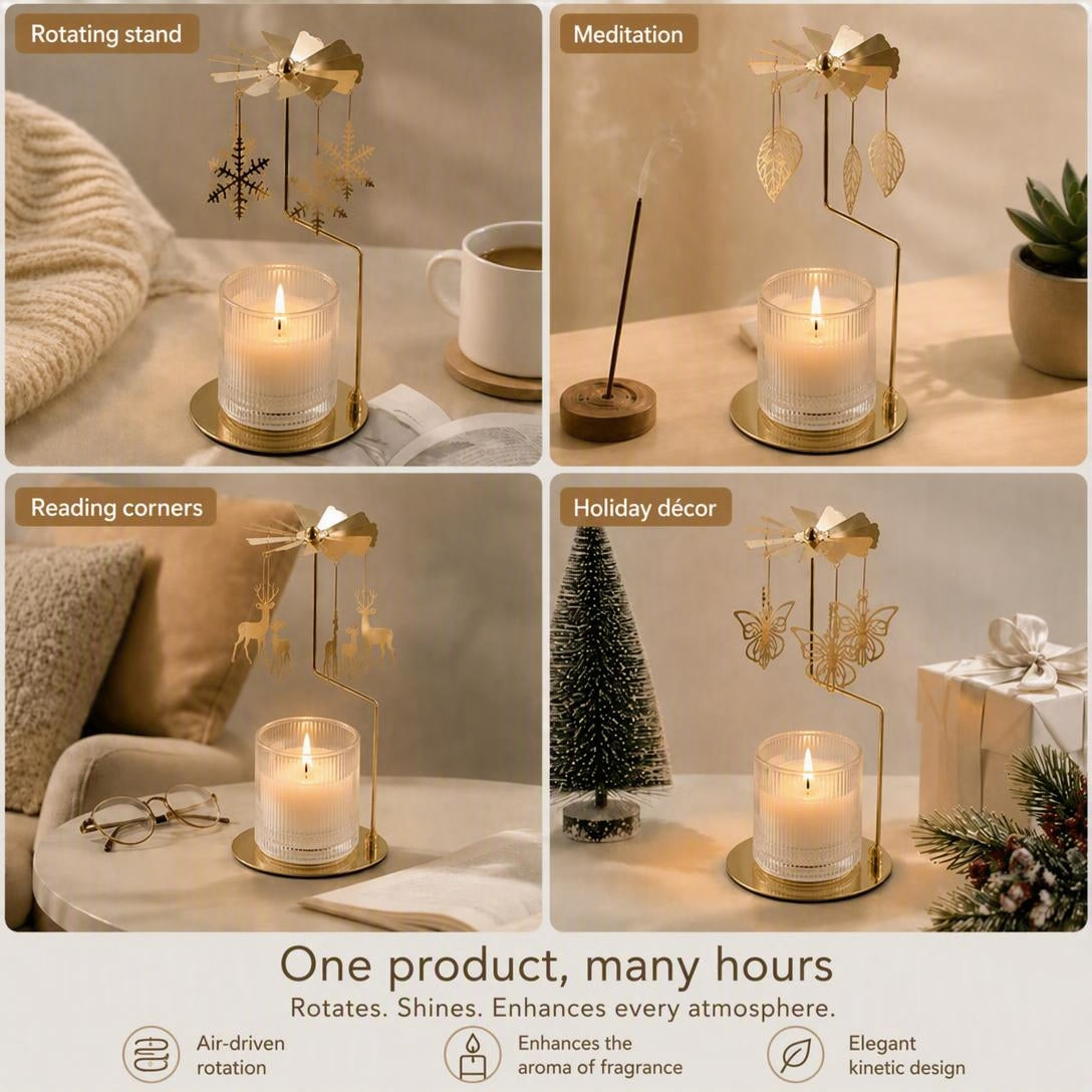 Rotating candle holder for scented candles with triangular tray
