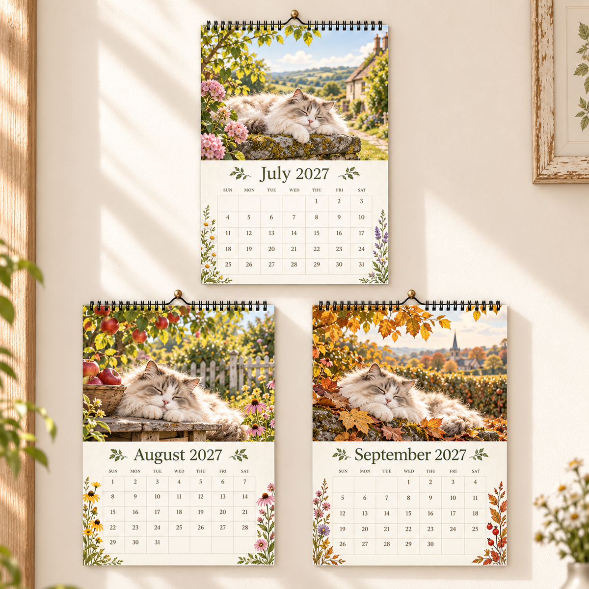 Cottage Cat 2027 Wall Calendar – 12‑Month Cosy Art Calendar with Sleepy Fluffy Cats, Country Gardens & Idyllic Cottage Charm