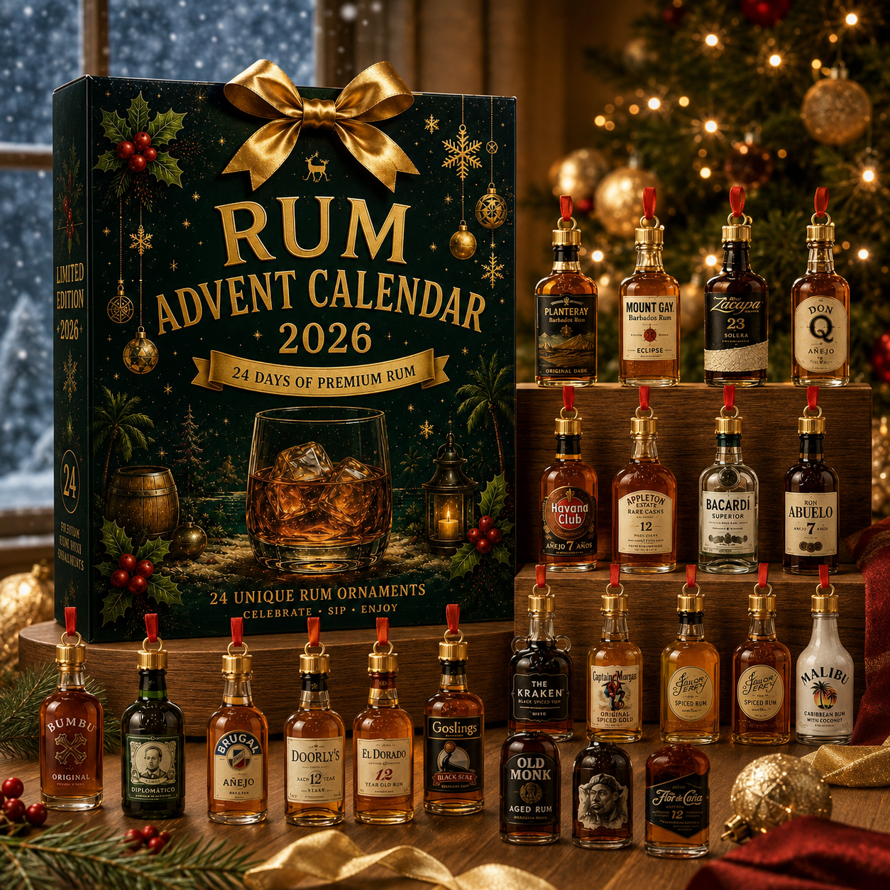 2026 Rum Christmas Advent Calendar – 24 Days of Premium-Inspired Rum Bottle Ornaments, Acrylic Blind Box – Gift for Rum Lovers
