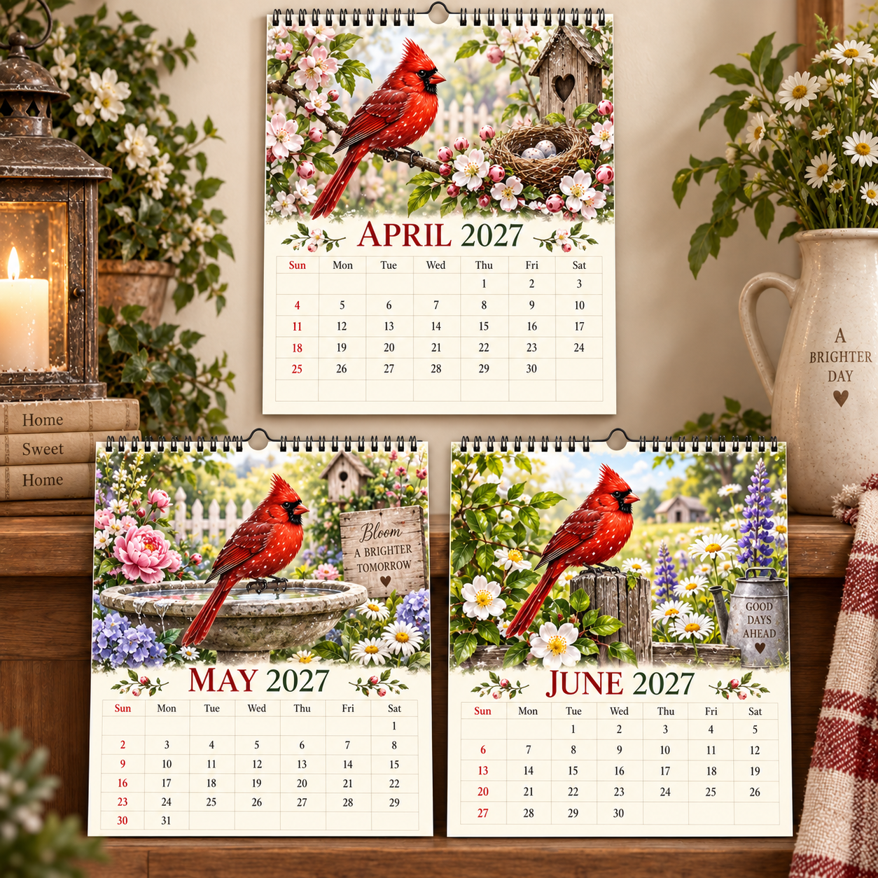 Cardinal 2027 Wall Calendar – 12‑Month Seasonal Art Calendar with Red Cardinals, Countryside Florals & Rustic Farmhouse Charm
