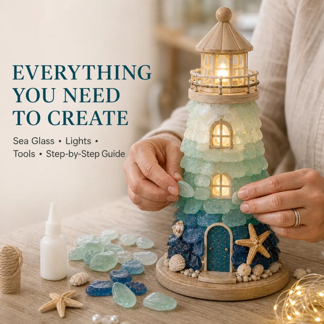 💥 LAST DAY 49% OFF - 💙 DIY Sea Glass Lighthouse Kit – Light-Up Coastal Craft & Handmade Home Decor