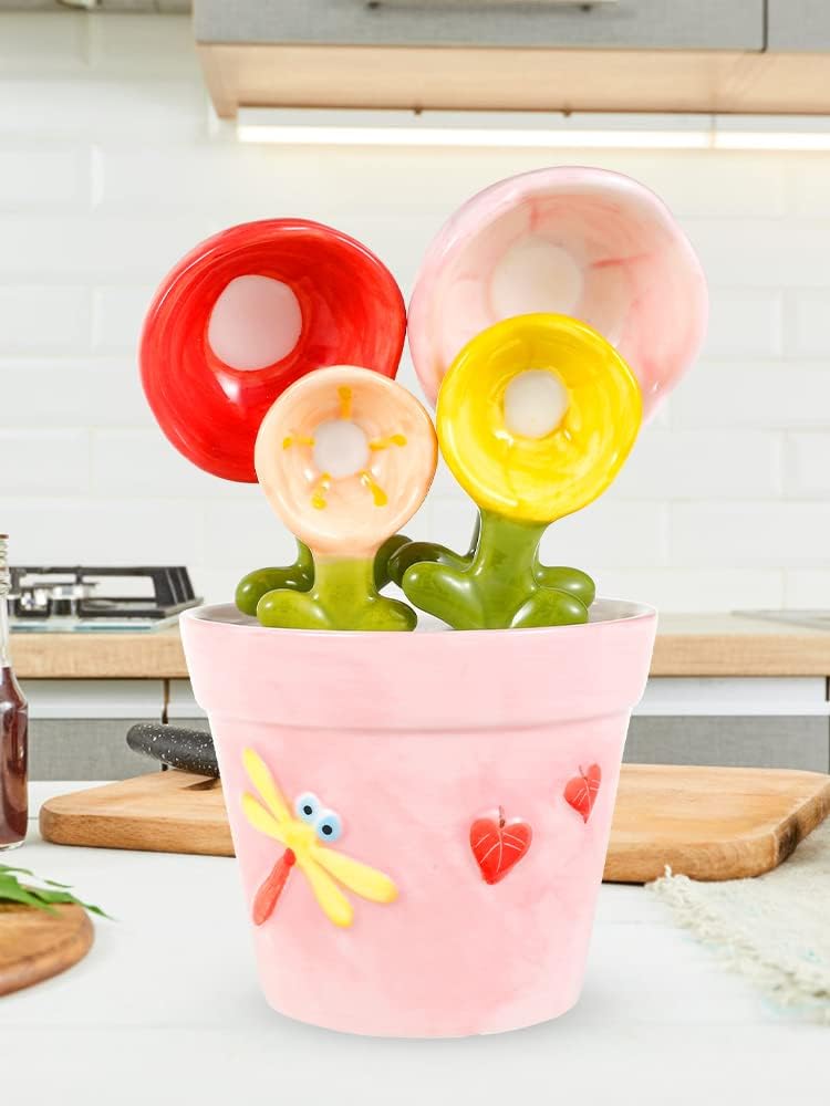 Cute Flower Ceramic Measuring Spoon Set With Storage Pot