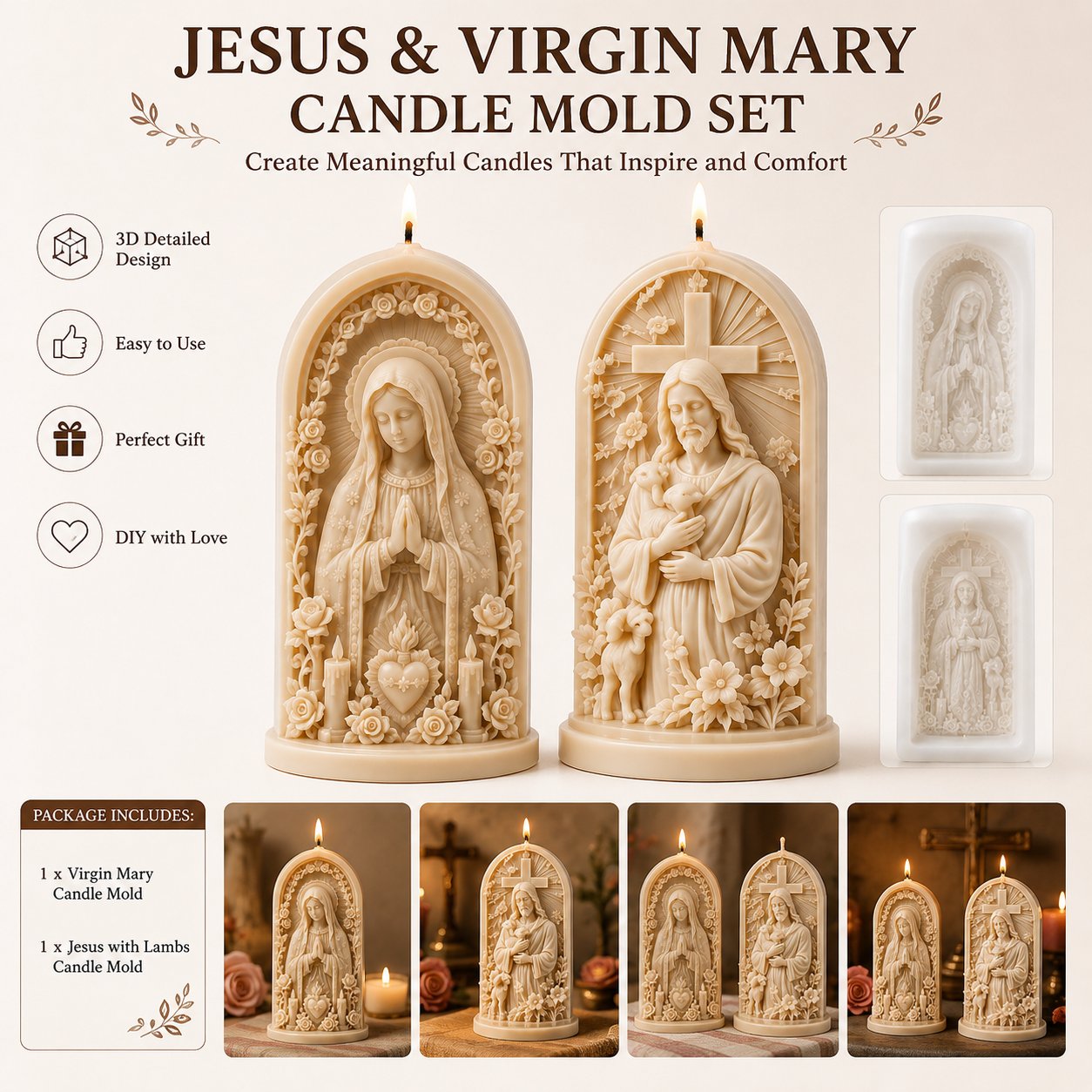 ⏳ Last Day 49% OFF – ✝️ 2-Piece Good Shepherd Jesus 3D Candle Mold Set | Sculpted Cross, Lamb & Floral Relief for Faith-Inspired Handmade Candles 🕯️✨