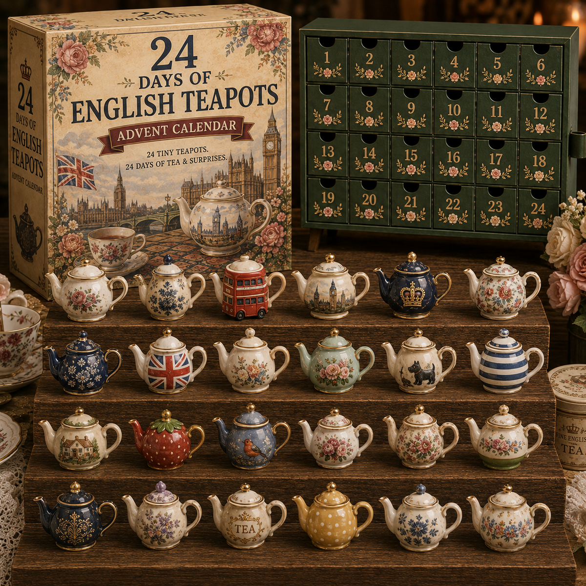 CHRISTMAS KICKOFF 49% OFF - 2026 Days of English Teapot Blind Box - 24-Day Festive Countdown, English Teapot Themed Collectible Miniatures Blind Box - Gift For Tea Lovers