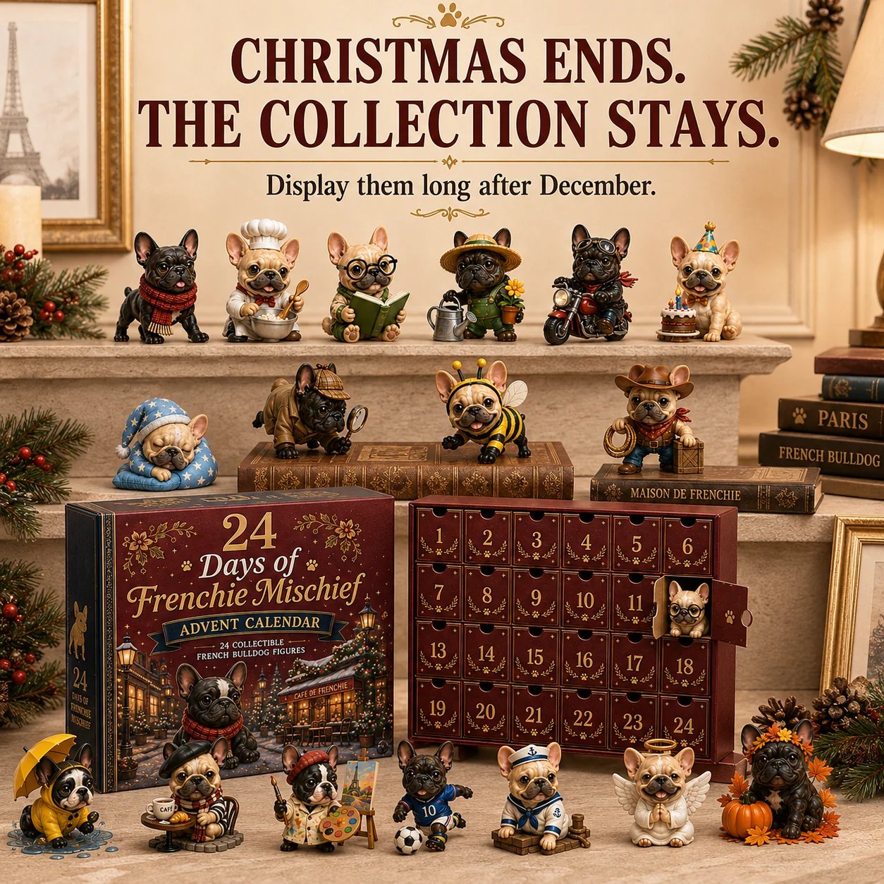 Frenchie figurines displayed on a bookshelf after Christmas — keep the collection all year
