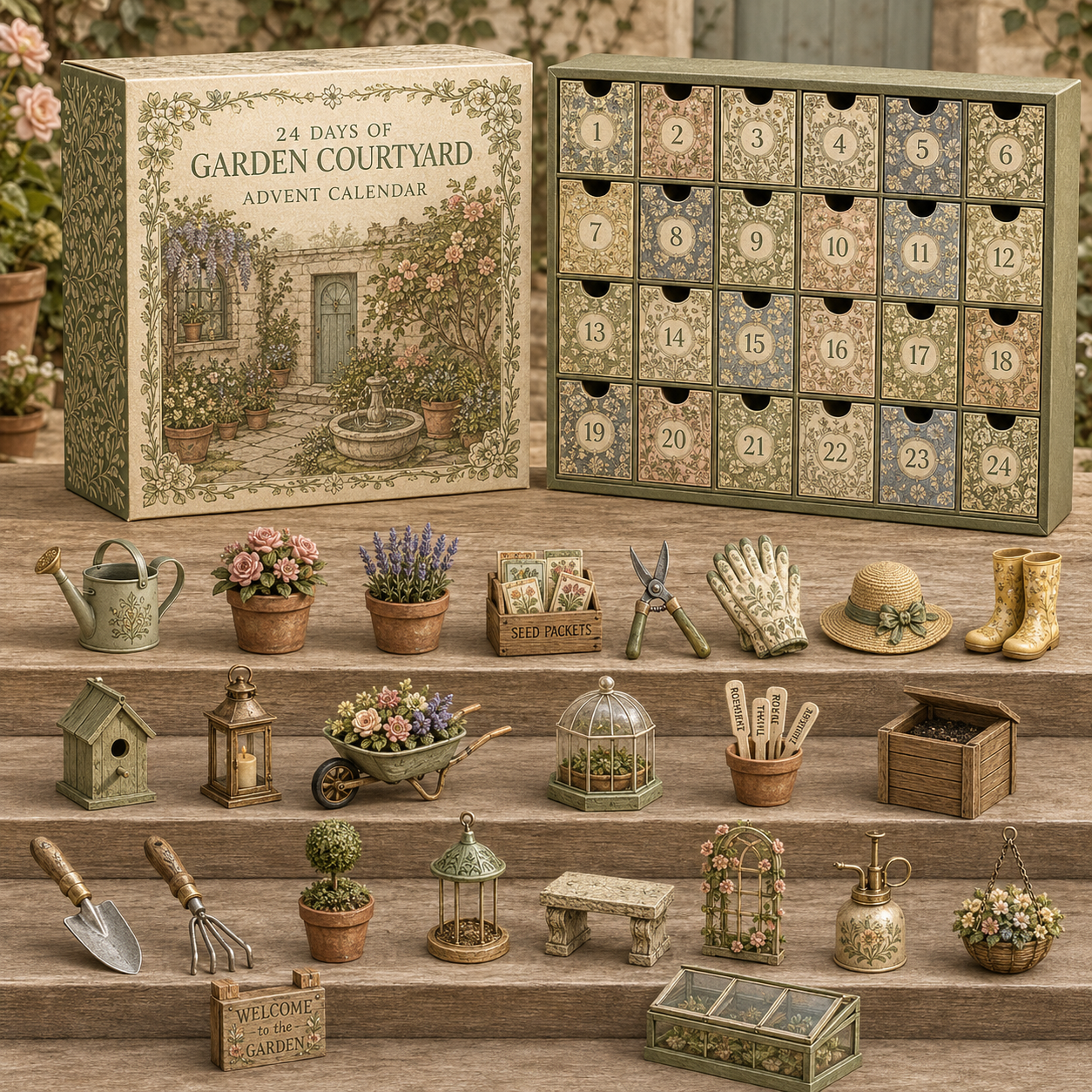 CHRISTMAS KICKOFF 49% OFF - 2026 Days of Garden Courtyard Blind Box - 24-Day Festive Countdown, Garden Themed Collectible Miniatures Blind Box - Gift For Garden Lovers