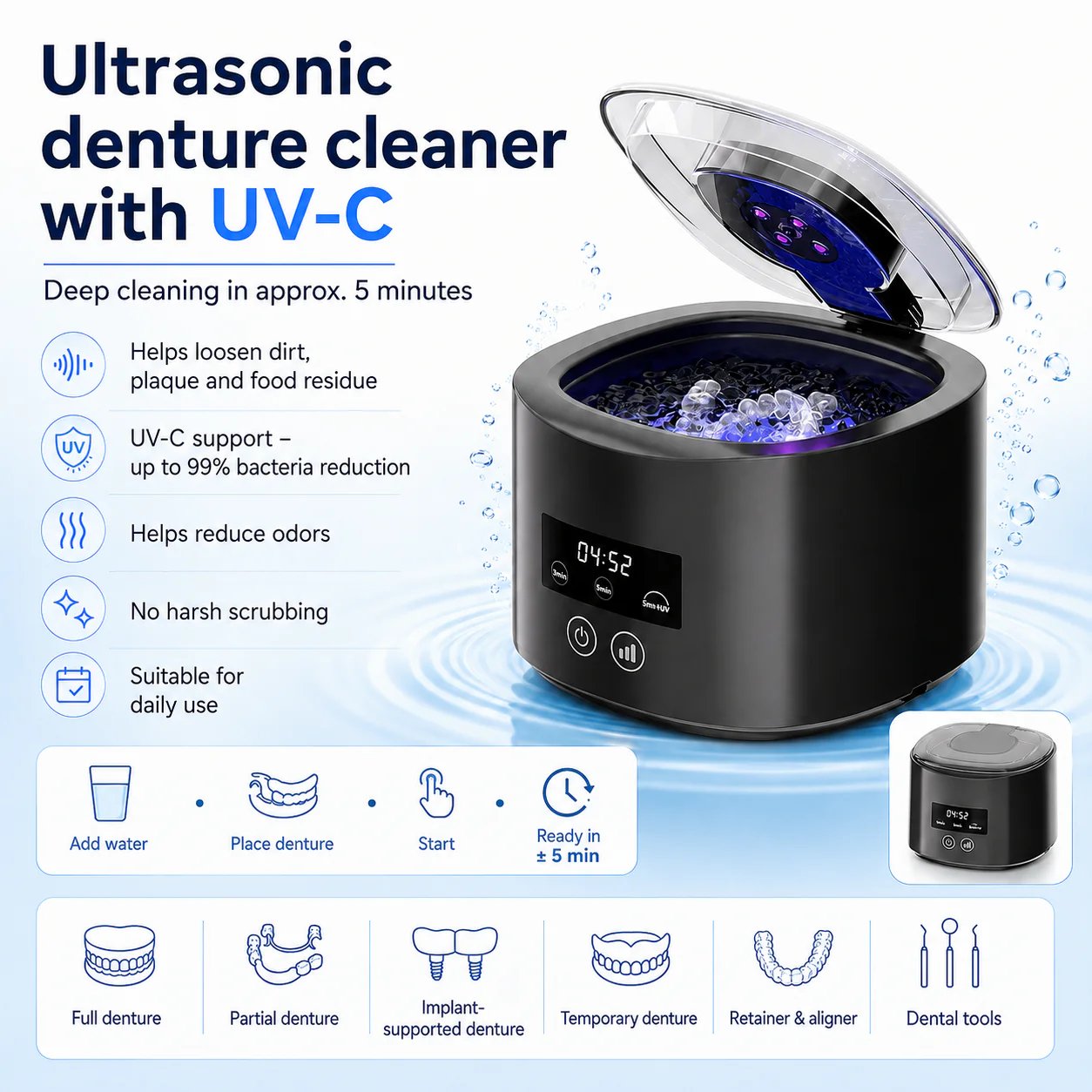 🦷 Denture Dome Ultrasonic UV-C Cleaner – For a fresher, cleaner denture in just 5 minutes