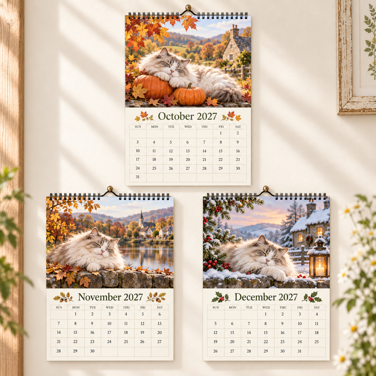 Cottage Cat 2027 Wall Calendar – 12‑Month Cosy Art Calendar with Sleepy Fluffy Cats, Country Gardens & Idyllic Cottage Charm