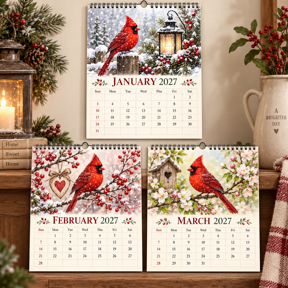 Cardinal 2027 Wall Calendar – 12‑Month Seasonal Art Calendar with Red Cardinals, Countryside Florals & Rustic Farmhouse Charm