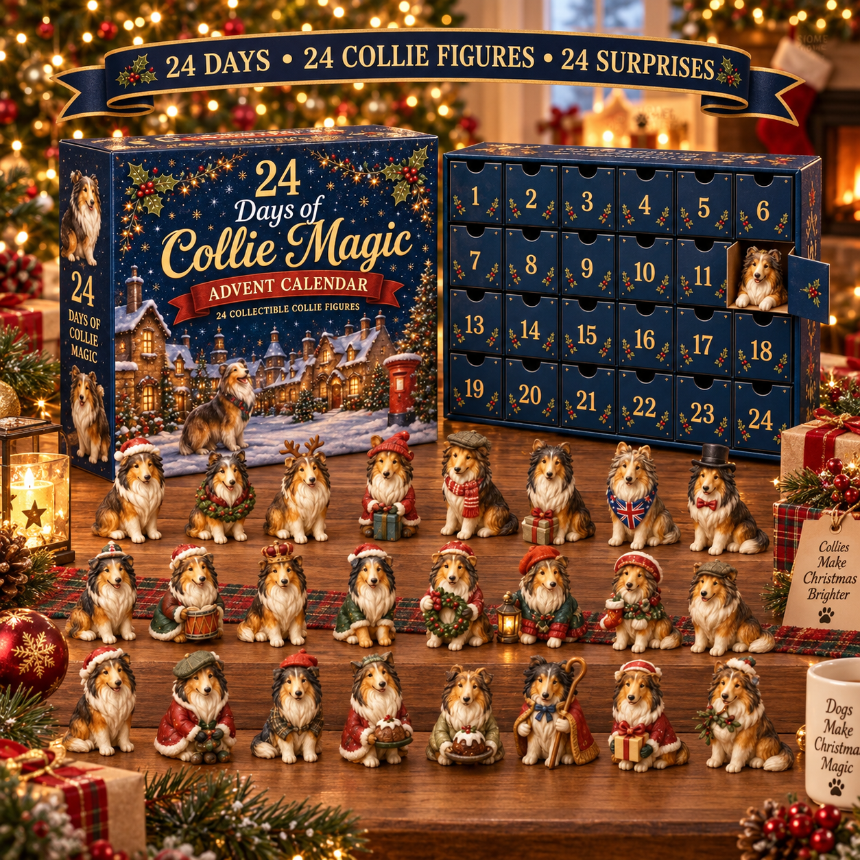 2026 Collie Magic Advent Calendar – 24 Festive Rough Collie Surprises, Christmas Collectible Blind Box