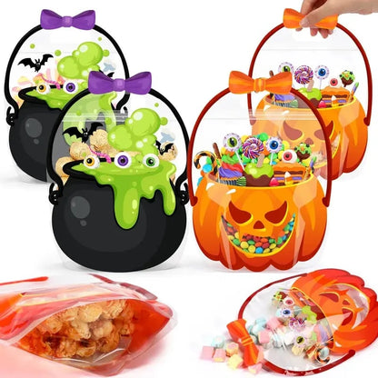 🎃Halloween Plastic Goodie Bags, Trick or Treat Candy Bags, Pumpkin Pattern Treat Bags, Halloween Party Favor Snack Storage Bags for Classroom, Birthday, Students, Teachers, Neighbors